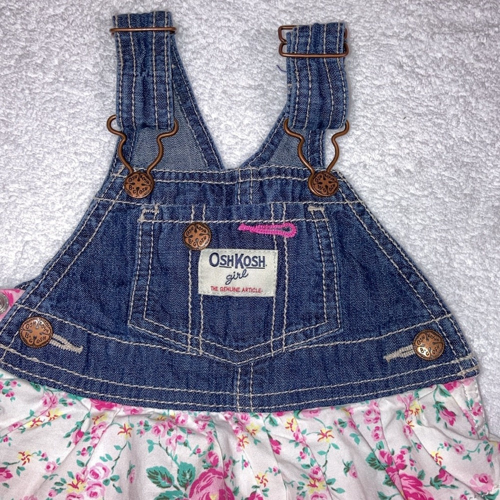 OshKosh B'Gosh Denim Overalls Dress  Tiered VestBack Flowers Gingham Pink 9m - Picture 3 of 7
